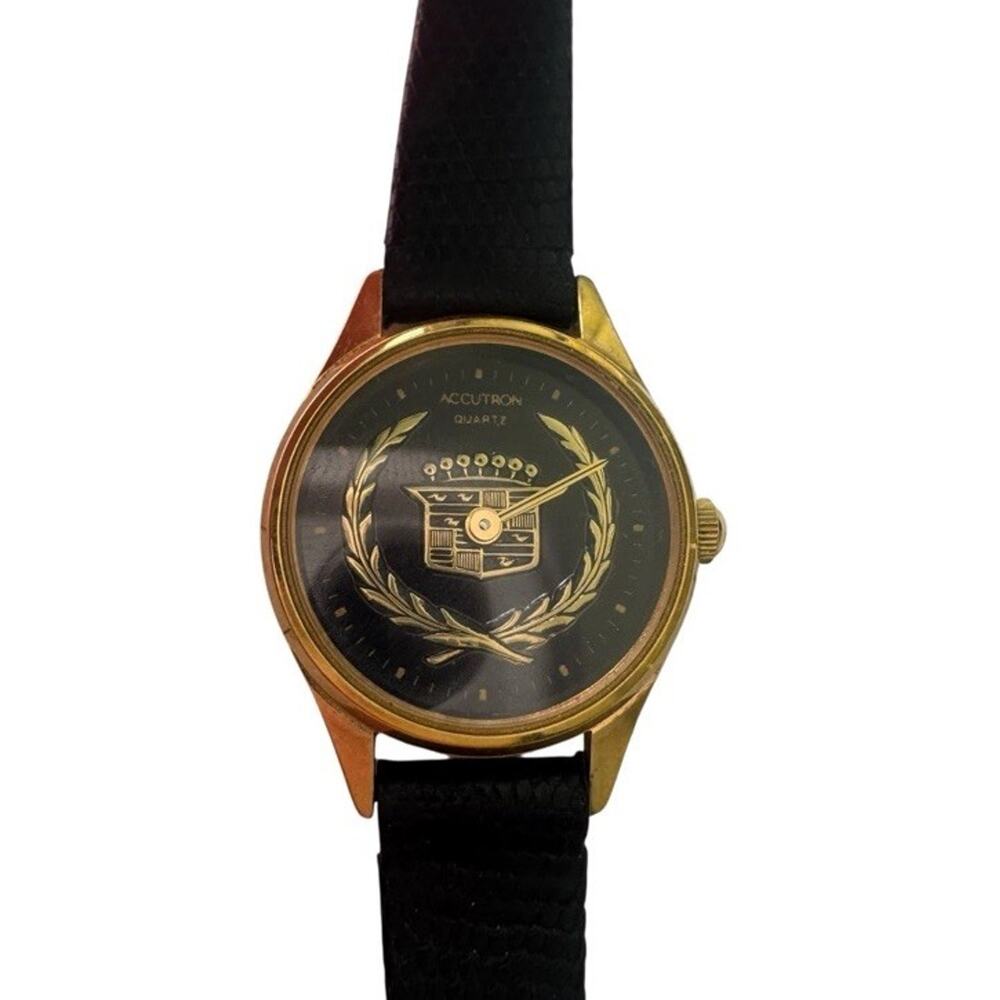 Vintage Accutron Quartz Watch Cadillac Dial Gold Tone Black Leather NEW BATTERY
